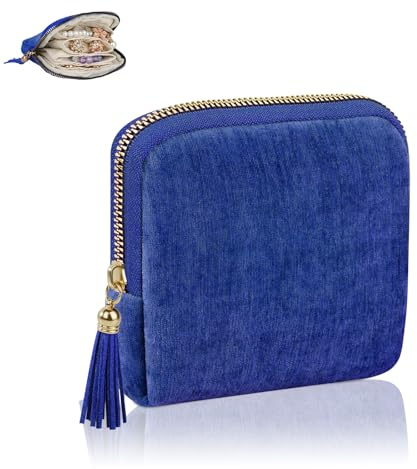 Pequeño Bolsa para Joyas Joyero Viaje para Mujers Niñas Cajitas Regalo Pequeñas Navidad Cumpleaños Aniversario Bolsita de Tela para Joyas con 5 Comparti Estuche Organizador Anillos Pulseras(Azul)