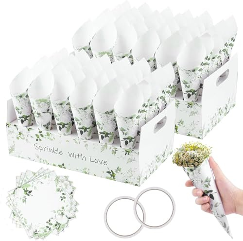 KALBIGRO 60 Piezas Conos Arroz Boda, Cono Papel Kraft Boda con 2 Caja Soporte Cucuruchos de Papel para Bodas, Conos de Confeti Boda para Decoración Boda Fiesta Ceremonia, Hojas