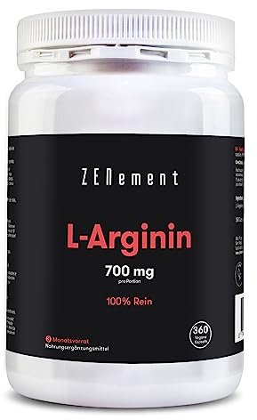 L-Arginina, 700 mg per capsula, 360 Capsule | Forma libera | Vasodilatatore, Promuove la Prestazione Atletica e lo Sviluppo Muscolare | Vegano, Senza Additivi, Senza Glutine | Zenement