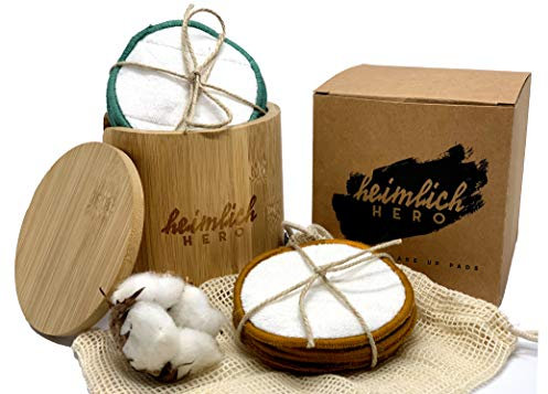 Heimlich Hero 20 Stk waschbare Abschminkpads 3-lagig aus Bambus und Baumwolle | Nachhaltige Wattepads | Make up Entferner Set inkl Waschnetz und Bambus Aufbewahrungsbox