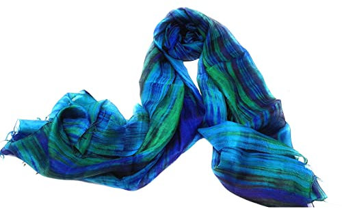 Blau Grün Damen Seidenschals, 100% Seide, leichte Seide, handbemalter Schal, elegantes Geschenk für Frauen, vielseitig einsetzbar 170cm x 75 cm