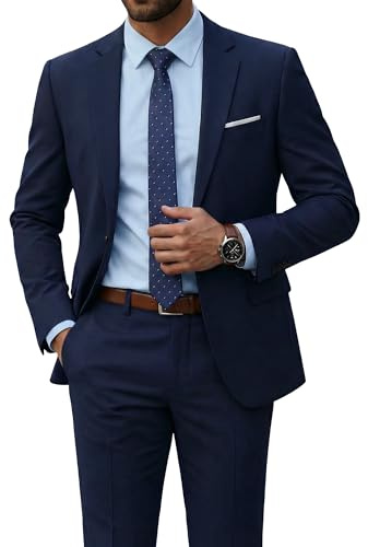 MrSure Men's 2 Piece Suit with Tie, One Button Slim Fit Solid Jacket and Pants Set, Suits for Men Prom Party Wedding Business, Deep Blue