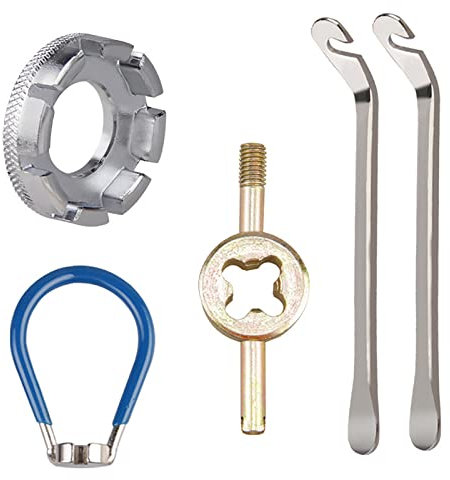 WUDQIJI Fahrrad Speichenschlüssel 5-teiliges Set Speichen Werkzeug Größe 10-15 Speichenspanner Nippelspanner Reifenheber Fahrrad Speichen Werkzeug Kassettenabzieher für Reparatur