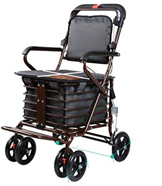 Rollator,Multifunktionsvagn Äldrevagnen Liten dragbil Äldre Skottkärra kan skjuta för att sitta Fällbar Walker Fyra skotrar Förvaring Handtruckar, Guldblomma