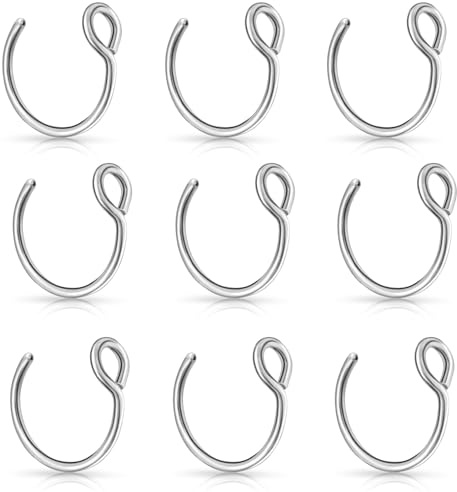 Yolev 9Pcs Fake Nose Rings,Fake Nose Ring Hoop Stainless Steel Nose Hoop for Faux Lip Septum Nose Ring Set Non Piercing Lip Rings