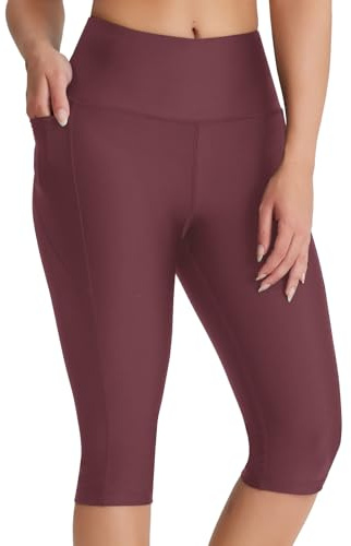 Emlovm Trajes de baño modestos de 14 pulgadas para mujer, pantalones de natación de talla grande, tankini, pantalones cortos de natación largos de cintura alta, leggings capri UPF50+, Rojo, Large