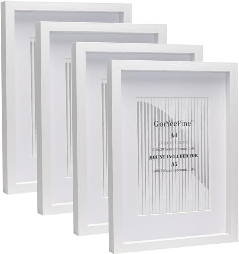 White A4 wooden Photo Frame Set of 4 with Mount for A5, Boxed Gallery Picture Frames A4 4Pack With Glass Window for Tabletop or Wallmounted,Oxford Modern Thin Picture Frame A4