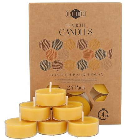 Candele Decorative in Cera d'Api – Candele Naturali, Piccole Rotonde con Stoppini in Cotone – Durata: 4 Ore – Set di 24 Candele Cera D'api Naturale – Porta Candela in Plastica Riciclata – Danilovo