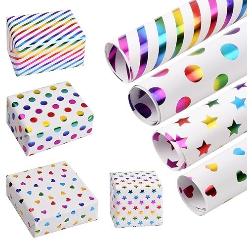 4 Rouleaux de Papier Cadeau Coloré - Rouleaux Anniversaire & Noël - Emballage Cadeau pour Mariage et Naissance