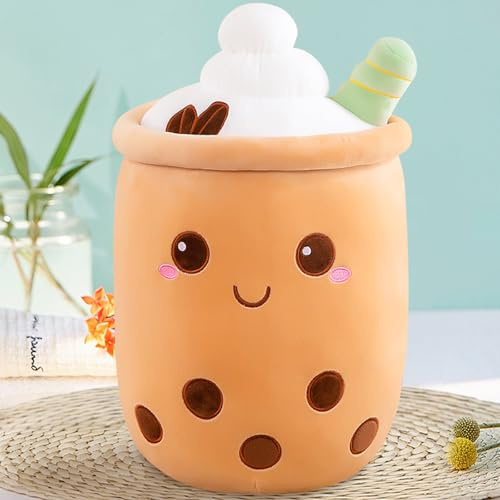 Bubble Tea Peluche, Peluche Boba Tea Morbido, Cuscino Abbraccio a Forma di Bubble Tea, Regalo Compleanno per Bambini e Ragazze 24cm (Marrone)