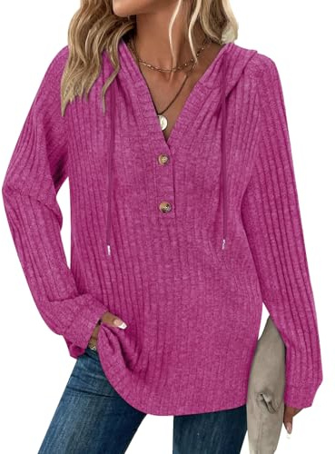 Syphiby Ladies Hoodies Drawstring Long Sleeve Hoodies Longline Hoodies for Women Button V Neck Jumper for Women UK Ladies Lightweight Tunic Sweatshirt Hooded Tops Rose Pink L
