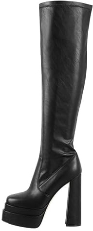 VERISSON Bottes à plateforme à talon bloc - Tige longue - Genou - Talons hauts - Bout carré, Noir en polyuréthane., 41 EU