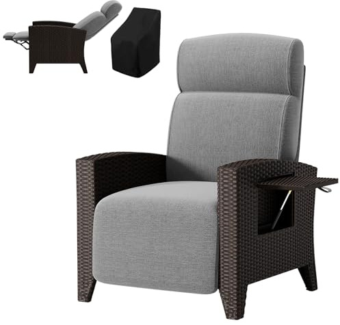 HAIORJUN Poltrona da Giardino in Rattan con Schienale Reclinabile e Piano del Tavolo Pieghevole, Poltrona da Esterno Grigio con Coprisedia, Poltrona Reclinabile Sdraio da Giardino