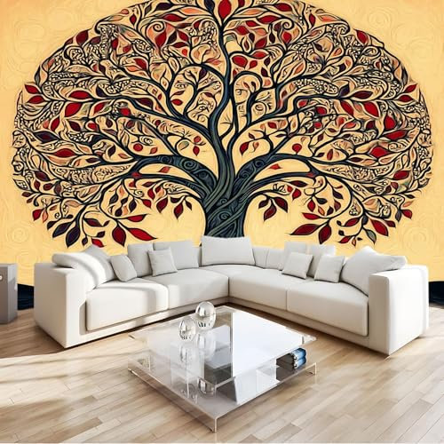 Fotomurales Papel pintado 200 x 140 cm Arte Papel tapiz Patrón De Remolino De Árbol Retro, Moderna Decoración Tejido no Tejido Decoración De Pared Sala CuArteo, Amarillo Mural
