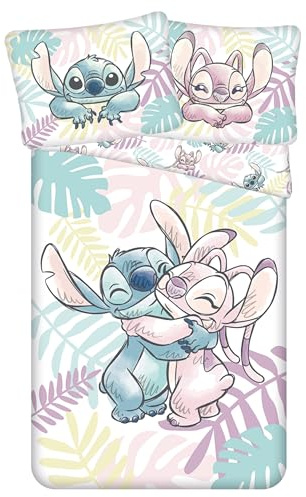DISNEY Stitch Angel, set di biancheria da letto per bambini in cotone con cerniera, 100% ENTRAMBI 140x200cm+70x90cm OEKO-TEX (formula 5)