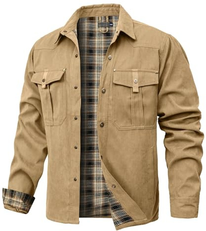 Zaitun Men's Flannel Lined Shacket Jacket Plaid Brushed Lining Cowboy Western Twill Outdoor Shirt Jacket