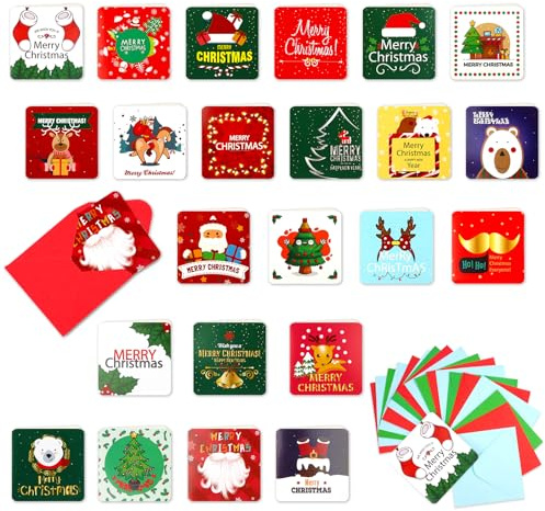 Lot de 24 cartes de Noël, petites, avec enveloppe, 7 x 7 cm, pliables, de Noël, de Noël