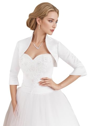 Giacca da sposa da donna, in raso, elegante, con maniche a 3/4, perfetta per sposa, matrimonio e ballo da sera, bianco, M