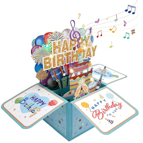AURIVEE 3D Tarjetas de Cumpleaños con Música y Luz LED + Velas Soplando - Caja regalo pop-up musical para mujeres, hombres, niños y adultos (Azul)