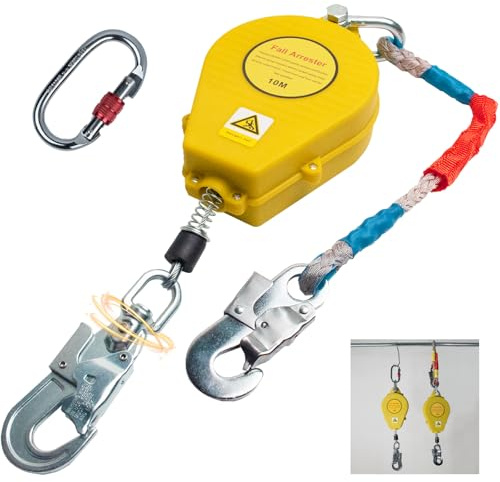 Aocay Dispositivo Anticaidas Retráctil Seguridad, Linea de Vida Retractil Homologado 10m/15m/20m, 150 kg Arnés de Seguridad Anticaídas Retráctil Trabajo en Tejados/ Altura(Amarillo,10 Metros)