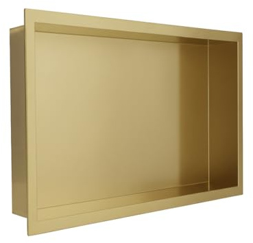 Valve Kings 450 x 300mm Brushed Brass/Gold Stainless Steel Shower Niche Rectangle Sleek Recessed Bathroom Wetroom Shelf Pre-Built 100% Waterproof Easy Install