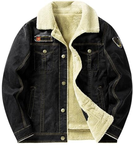 Juankrynord uomo Inverno Moda Foderato in Pile Foderato Giacca di Denim Retro Design Caldo Pile Abbigliamento da Lavoro Giacca Bottone Colletto Anteriore Transizione Cappotto di Denim (Nero,XL)