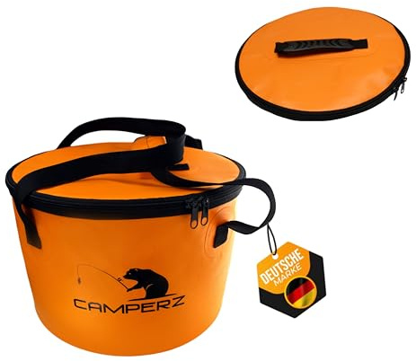 CAMPERZ Faltbarer Eimer, Faltschüssel für Angeln, Gartenarbeit - zusammenklappbarer Falteimer, Wassereimer, Angel Eimer mit Deckel und Reißverschluss (Orange)