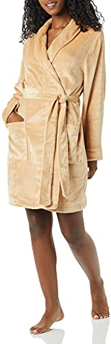 Amazon Essentials Women's Mid-Length Plush Bath Robe, Loungewear (Available in Plus Size), Tan, Small