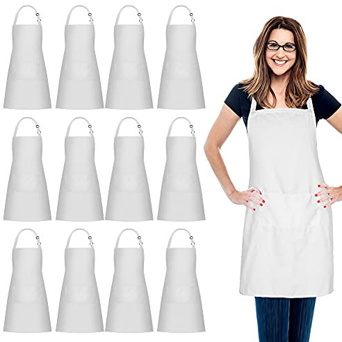 Jubatus 12 Pack 100% Cotton Aprons Bulk with 2 Pockets Cooking Chef Kitchen Adjustable Bib Apron for Women Men, White