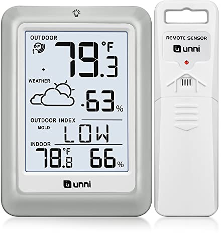Indoor Outdoor Thermometer Hygrometer Wireless Weather Station, Temperature Humidity Monitor Battery Powered Inside Outside Thermometers with 330ft Range Remote Sensor and Backlight Display