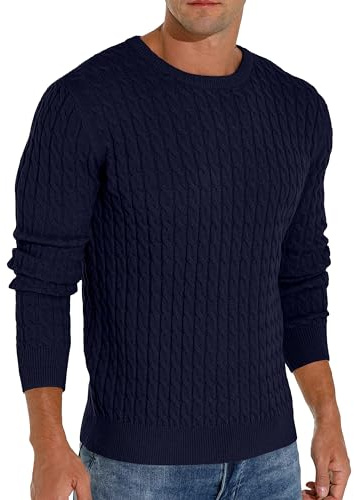 Hisir Suéter de invierno para hombre, de punto trenzado, informal, cuello redondo, cálido, de manga larga, suéter para hombre, azul marino, L