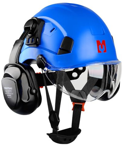 Mustbau Casque de Sécurité, Casques de Protection EN397 avec Coquilles Antibruit et Visière, 53 à 63 cm Tour de Tête Réglable, Matériau ABS Résistant pour Hommes Femmes - Bleu Marine