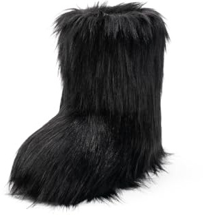 IXU Women's Faux Fur Boot Furry Fluffy Round Toe Snow Winter Mid-Calf Boots
