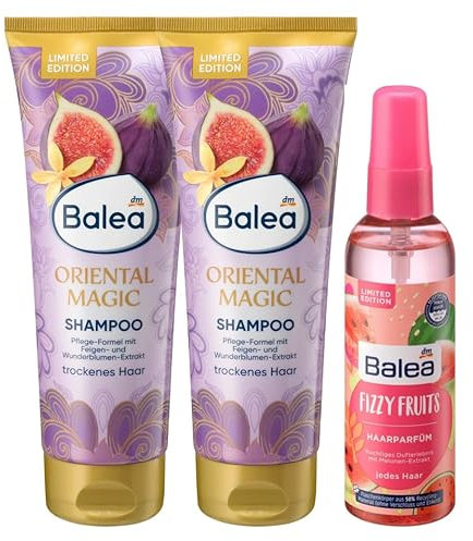 Balea 3er-Set Haarpflege: Shampoo ORIENTAL MAGIC mit orientalischem Duft für unwiderstehliches Haargefühl ohne Silikone (2 x 250 ml) + Haarparfüm FIZZY FRUITS fruchtiges Dufterlebnis (100 ml), 600 ml