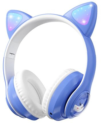 Cuffie per bambini, cuffie wireless Bluetooth 5.3, simpatiche cuffie con orecchie di gatto con illuminazione RGB, suono stereo, cuffie sovrauricolari pieghevoli per ragazzi e ragazze, viaggi online