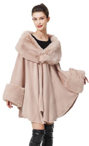 BEAUTELICATE Scialle in Pelliccia Sintetica Finta a Maglia Cappotto Donna Stola con Grande Collo di Pelliccia Cardigan per Festa Invernale Natale (Collo di pelliccia aggiornato - Rosa)