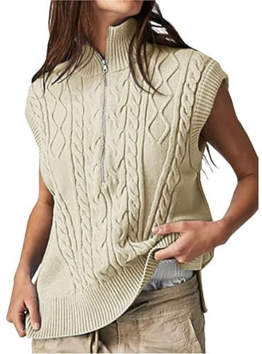 Rennrad Trikot Set Herren Kurz Damen-Pullover mit Stehkragen und halbem Reißverschluss, gestrickt, ärmellos Sommer Kleidung Sexy (Beige, XL)