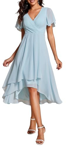 Ever-Pretty Vestidos de Invitada de Boda Elegantes Vestidos de Noche de Gasa Mujer Midi Cortos Vestidos de Novia Cielo Azul 42
