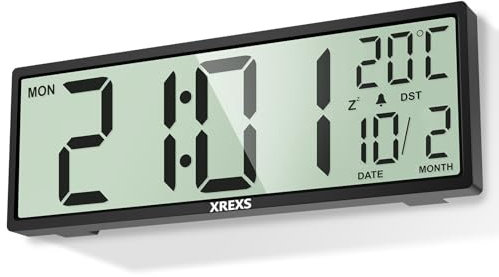 XREXS Horloge Murale Numérique de 14,5 Pouces - Heure - Calendrier - Température - Fonction DST - Fonctionnement à Piles - pour Chambre à Coucher, Salon, Salle de Classe, Bureau (Noir)