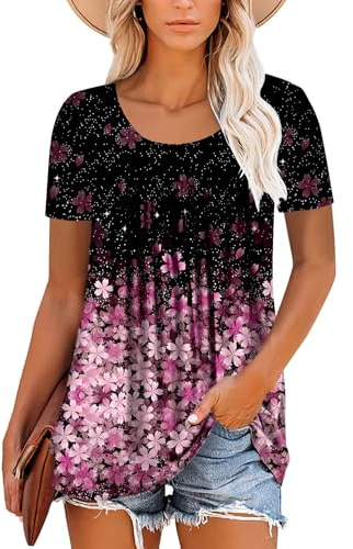 Magritta Womens Summer Shirt Plus Size T-Shirt Tunic Tops to Wear with Leggings Short Sleeve Floral Printed Plain Blouses Pink Sakura X-Large