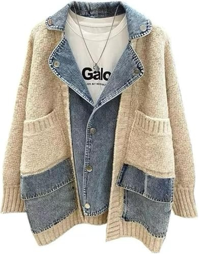 Women's Spring Fashion Splicing Knitted Cardigan Button Closure Denim Jacket Casual with Pockets Long-Sleeved Jacket College Style