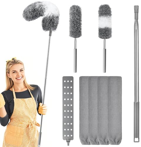 8 Pezzi Spolverino Telescopico Lavabile, 2 Spolverini per Polvere in Microfibra con Manico Estensibile fino a 253 cm, Pulitore Retrattile per Fessure con 4 Panni Sostituibili per Soffitti e Fessure