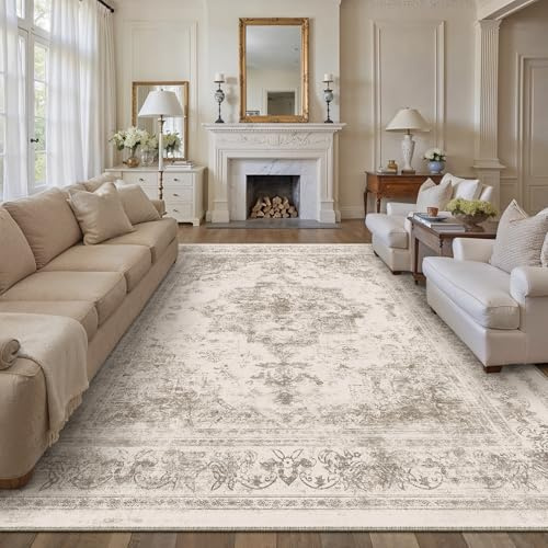 HUGEAR Vintage Waschbarer Teppich 300x400 kurzflor Wohnzimmer Retro Beige Wohnzimmer Rugs for Living Room Weich rutschfest Groß Tepich Schlafzimmer Carpet Living Room Bedroom Esszimmer Teppiche Büro
