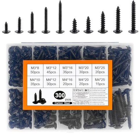 300 PiècesVis à Tôle, M3 M4 Vis Autotaraudeuses Métal, Vis à Tête Plate Noires, vVis à Tête Bombée de Carrosserie pour Métal, Fixation en Bois, Tôle