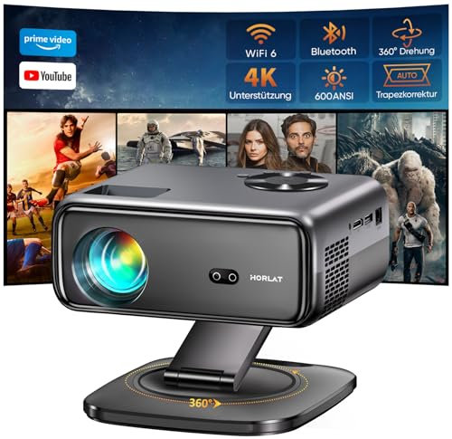 Beamer【Android 12 & 360° Drehung】 HORLAT Beamer Unterstützt 4K, 28000 Lumen Full HD 1080P WiFi 6 Bluetooth projektor, Auto Trapezkorrektur 50% Zoom Projector, Projektor für Smartphone/TV Stick