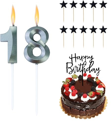 Velas de cumpleaños con números 18, decoración para tartas de 18 cumpleaños para niñas, decoración para tartas de 18 cumpleaños (negro), con 10 decoraciones para tartas de estrella