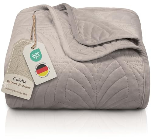 Gräfenstayn Colcha bouti 220x240 cm – cubrecama Acolchado sin Costuras con diseño de Hojas – Manta Decorativa Moderna para Cama o sofá – antirrugas y fácil de cuidar (Gris Pardo)