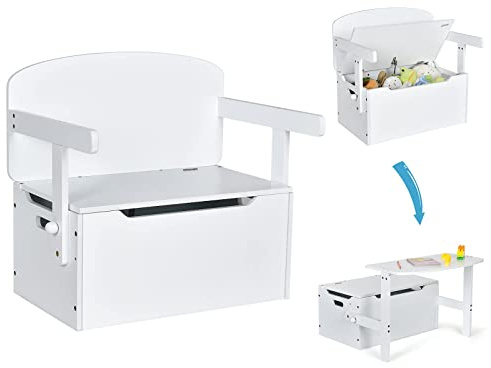 FANTASK Kindersitzgruppe mit Sitzbank, Kindertisch mit Stauraum & Decke, 3 in 1 Spielzeugkiste Aktivitätstisch aus Holz für Kinder von 3 bis 7 Jahren, 60 x 34 x 57cm (Weiß)