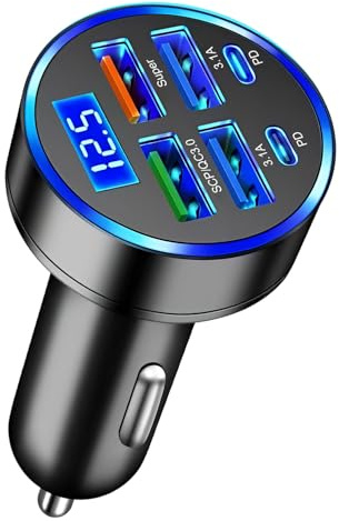 Car USB 6 in 1 Super Fast 30 Minute Charger, 66W High-Speed Car Charging QC3.0 12/24V, Chargers Adapter 2 PD 4 USB-A, Cigarette Lighter Charger for iPhone Android Samsung Galaxy iPad