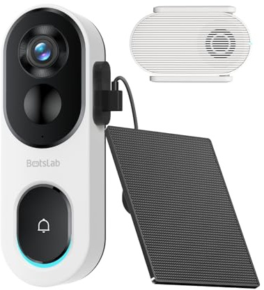 BOTSLAB 2K Doorbell Camera Wireless with Solar Panel, Nonstop Power Video Doorbell with Head-to-Toe View, No Monthly Fee, 2-Way Audio, Human Detection, 5200mAh Battery, 2.4Ghz WiFi